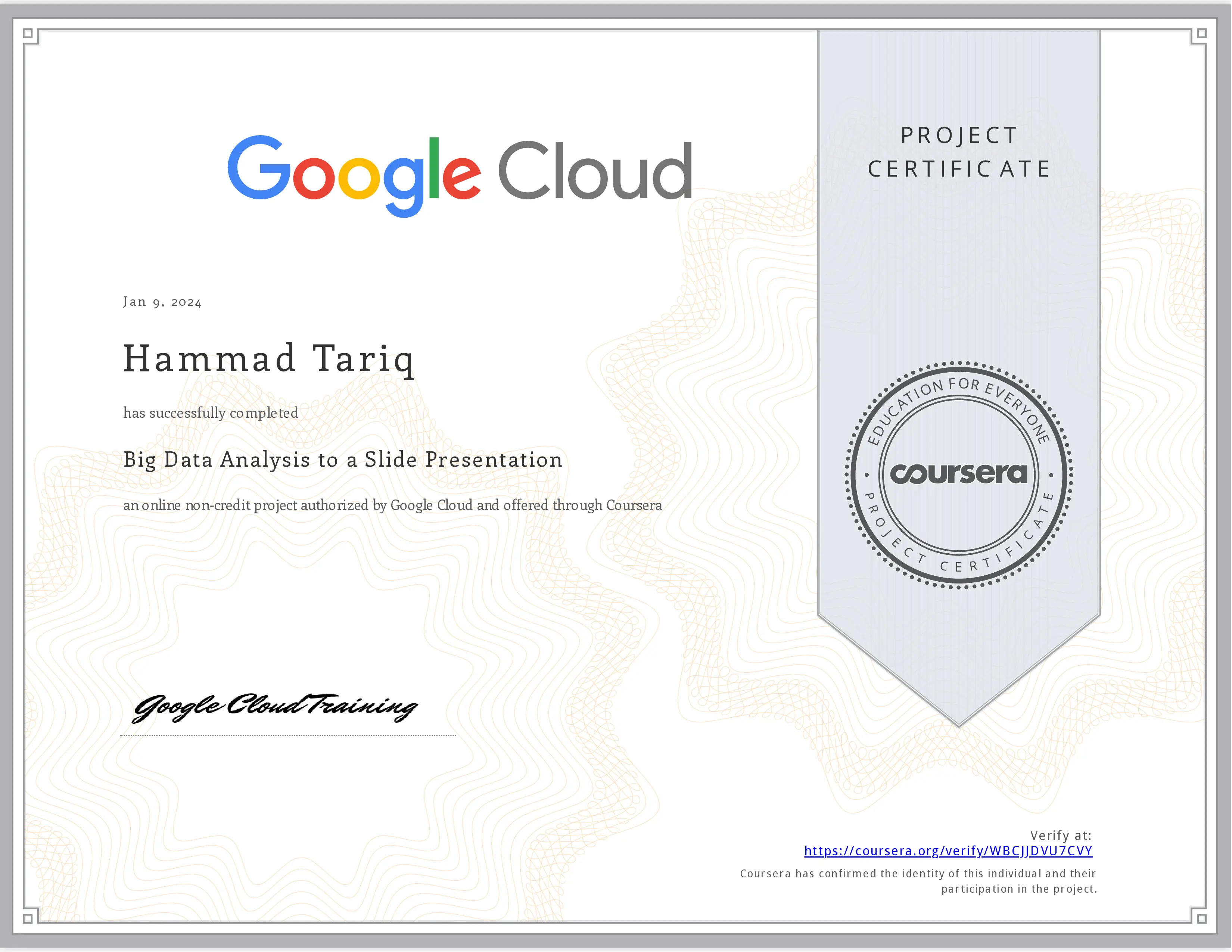 Google Big Data Training certificate