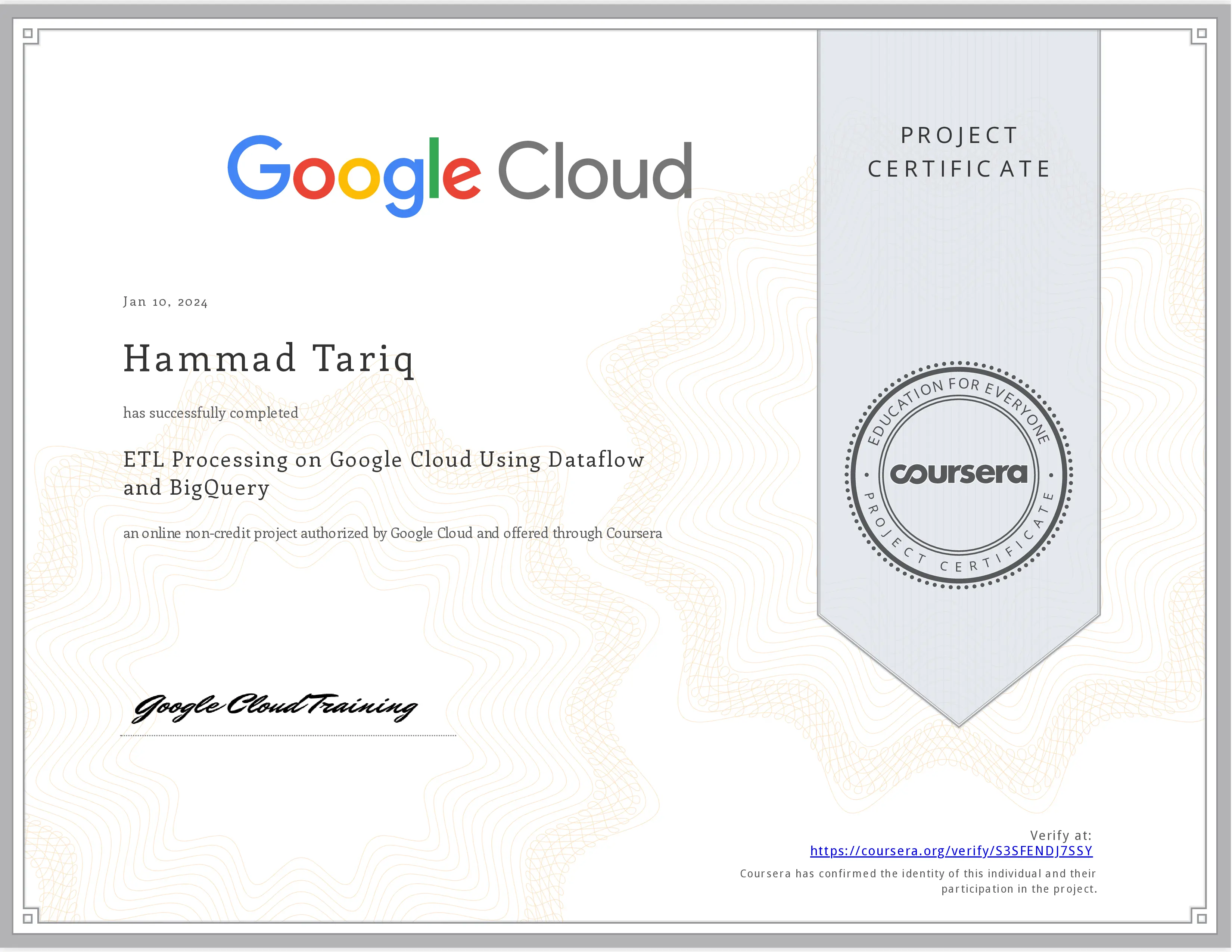 Google Clout ETL Training certificate