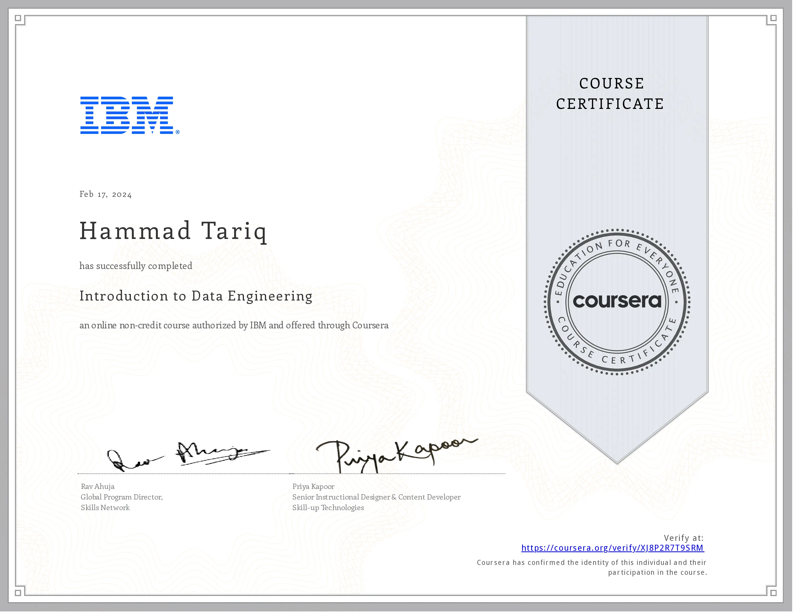 Introduction to Data Engineering certificate