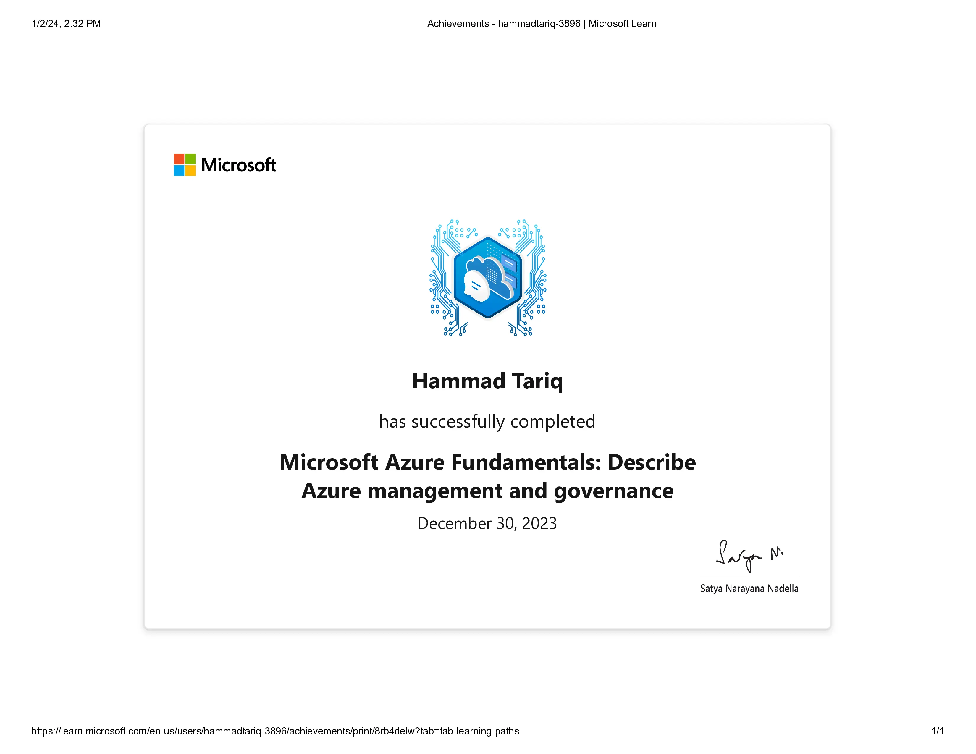 Microsoft Azure Fundamentals certificate