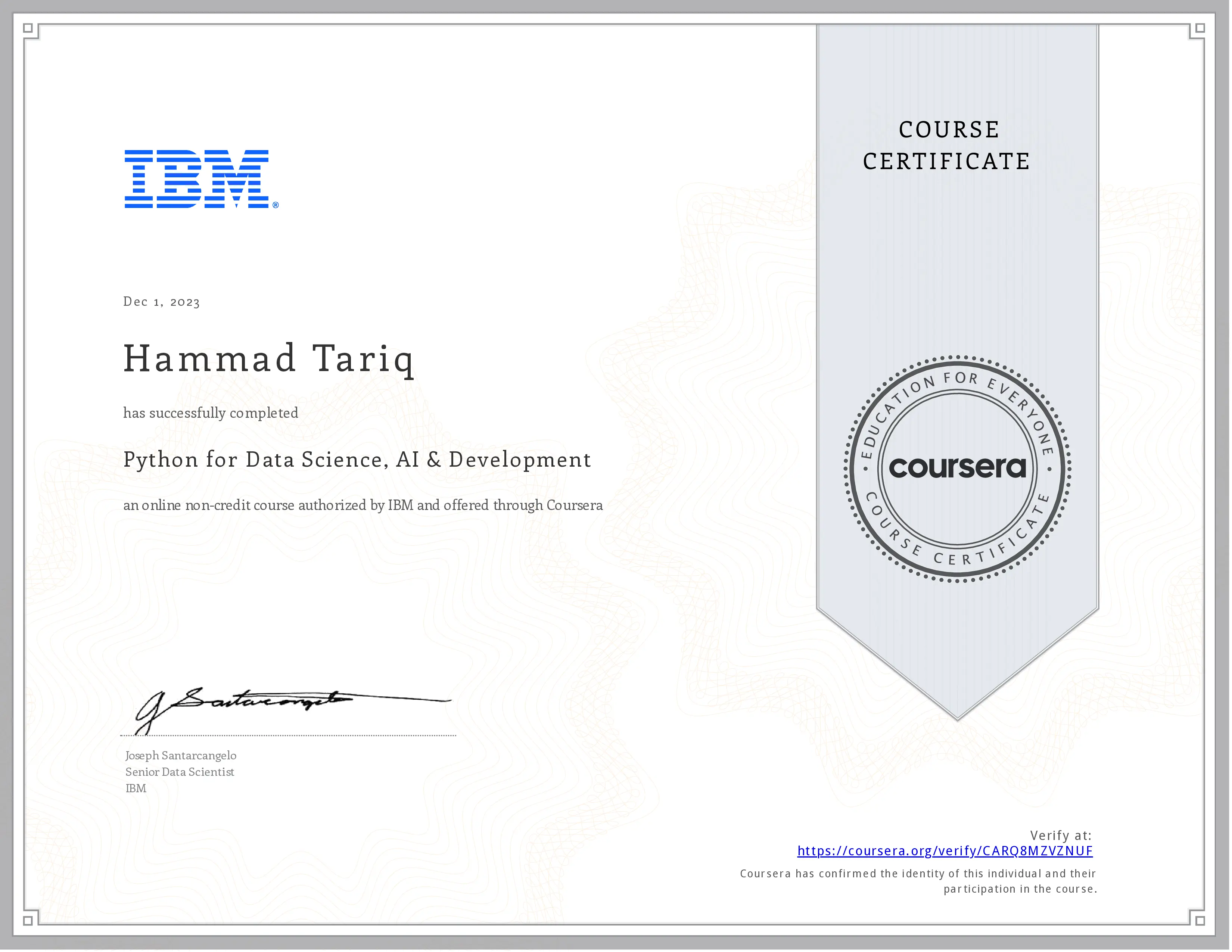 Python for Data Science, AI & Development certificate