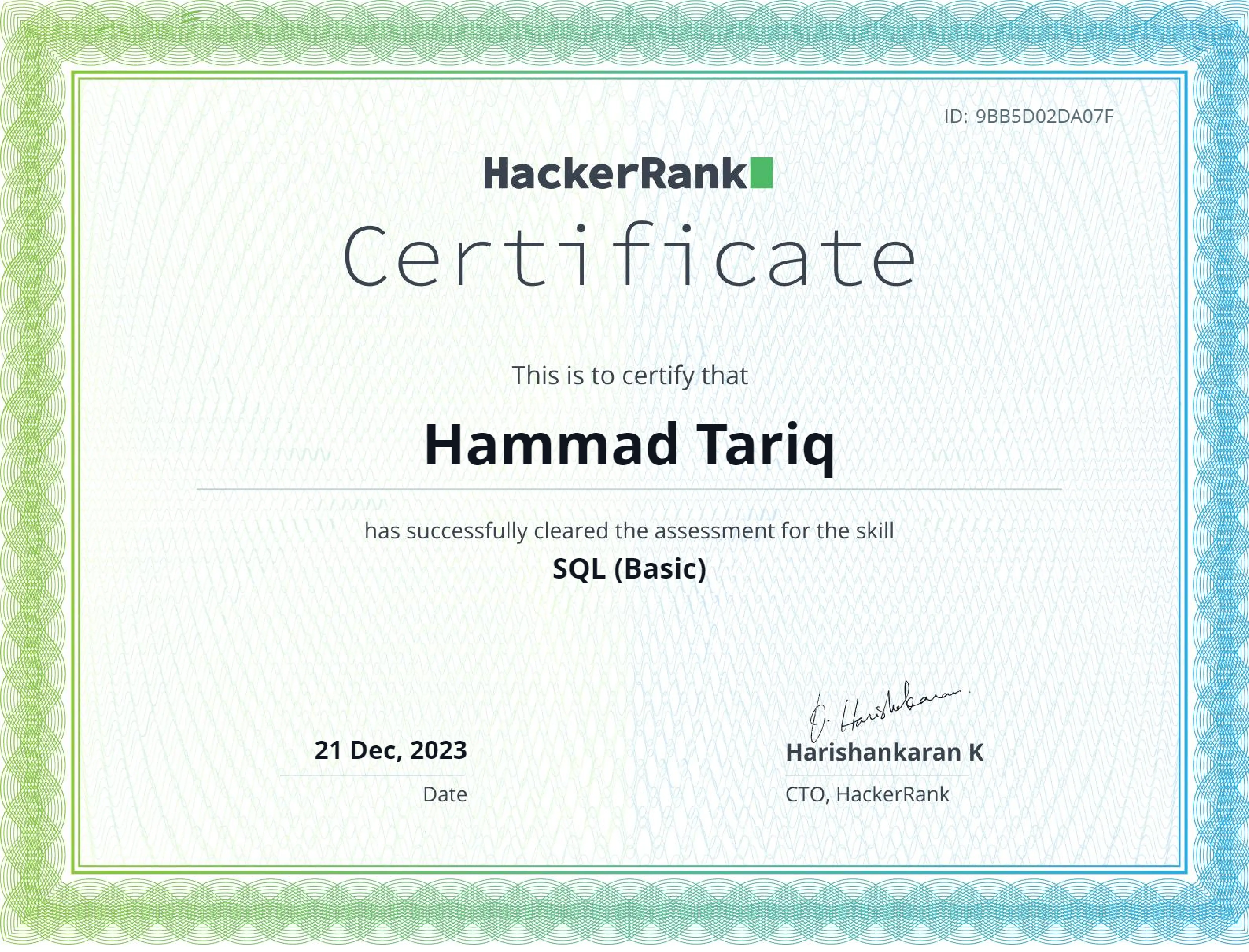SQL Fundamentals certificate